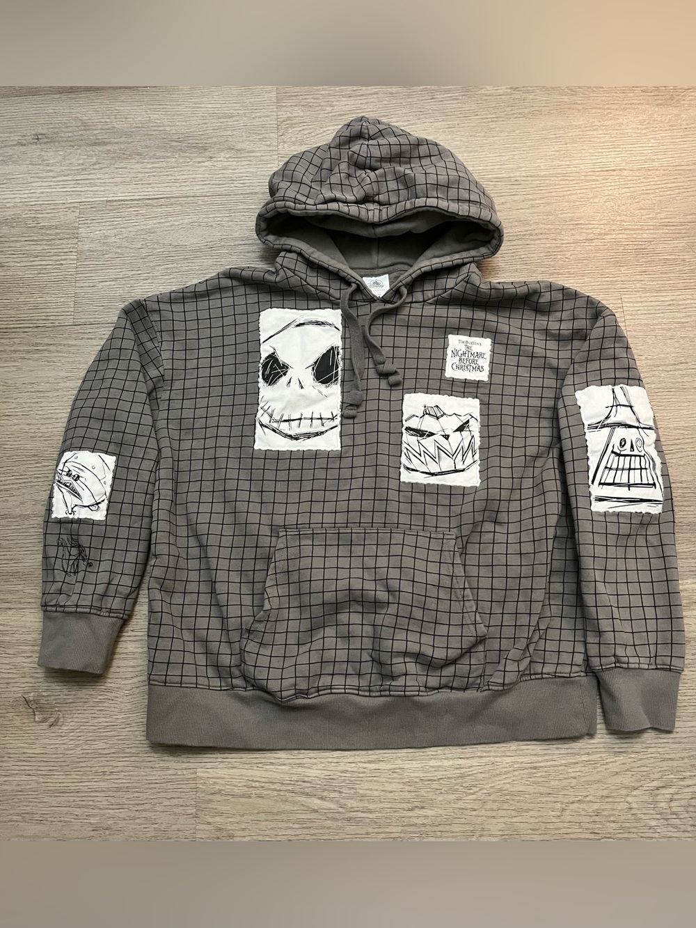 Disney Gray Grid Hoodie with Nightmare Before Christmas Patch Artwork